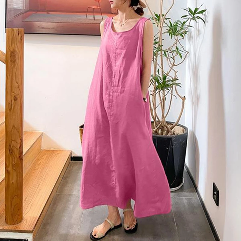 

Summer Beach Loose Dress Cotton Linen Pocket Sleeveless Dress Women Summer Vintage Vestido Feminino Round Neck Long Sundress
