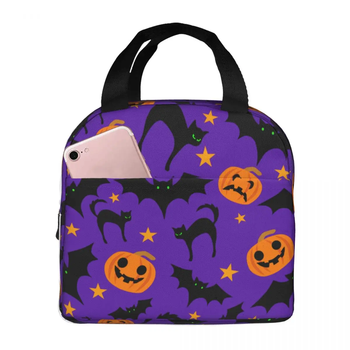 Lunch Bag for Women Kids Halloween Pumpkins Bats Witch Cats Thermal Cooler Bags Portable Picnic Work Canvas Tote Bento Pouch