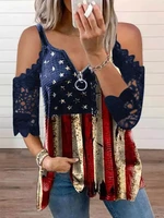 zipper v neck american flag star striped lace cold shoulder blouse womens sexy t shirt fashion pullover sling tops