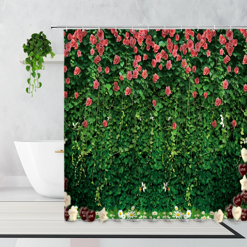 

Window Plant Flowers Shower Curtain Vintage Wooden Door Background Bathroom Accessories Waterproof Bath Curtains With Hook