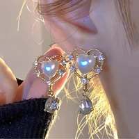 trend pearl drop earring for women sweet shiny inlaid zircon hollow heart dangle earring fashion charm girl wedding jewelry gift