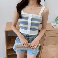 sexy korean crop tops colorblock stripe top women 2022 off shoulder slim fit camisole sleeveless button camis fashion casual