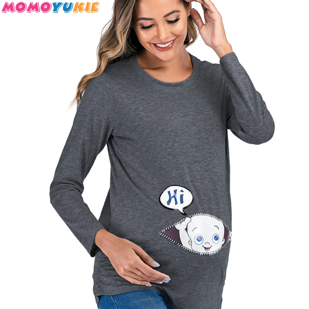 New Cute Women Pregnancy T-shirt Long Sleeve Maternity Clothes Casual Crew Neck Printed Funny Baby Peeking Women Pregnant Tops
