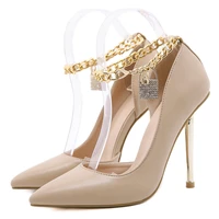 retro stiletto womens shoes metal chain fashion womens black high heels pointed shallow mouth single shoes