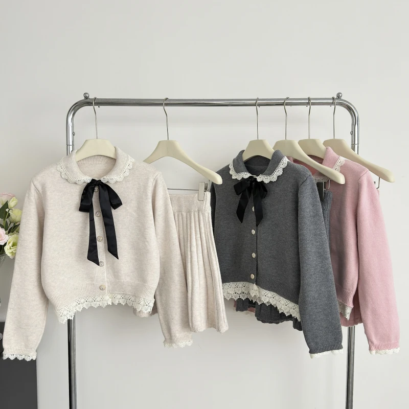 Bomon Y2K осенний новый нежный ветровой бант кружево лоскутное трикотаж с высокой