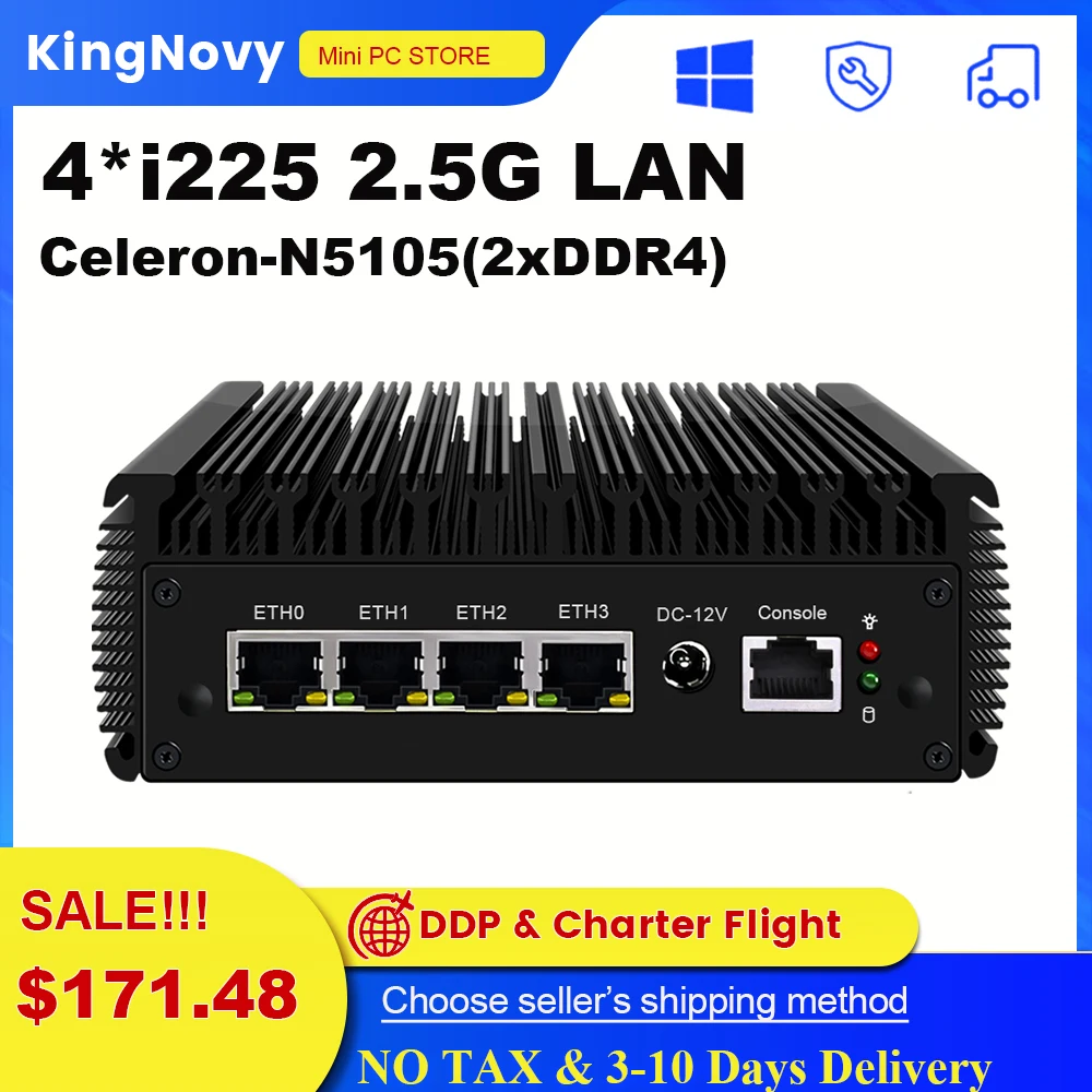 

2.5G Router Celeron J4125 Fanless Mini PC 4 Intel i225V3 2500M Nics 2xDDR4 HD-MI VGA pfSense OPNsense Ubuntu VPN Firewall Server