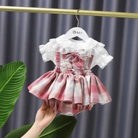 summer baby girls sets lovely bow bud silk shirt grid braces dress children baby infants cute princess 2pcs sets kids