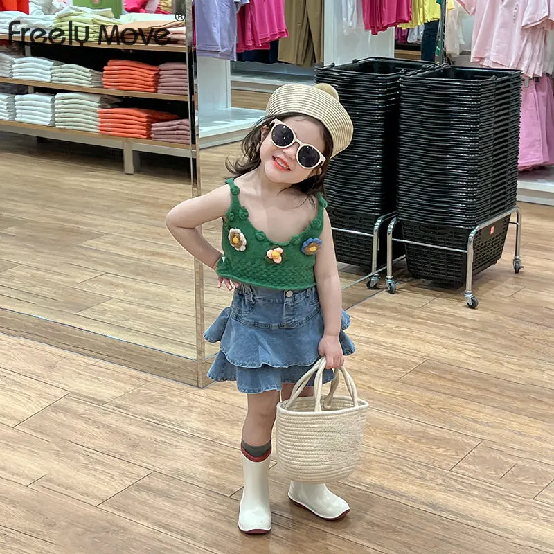 

2023 Kids Clothes Set New Summer Girls Fashion Knit Floral Top & Denim Skirts Korean Style Toddlers Kids 2pcs 2-7T