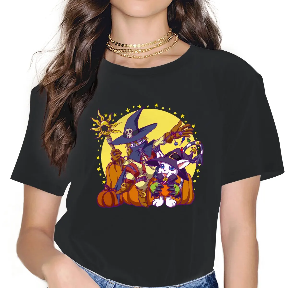 

Gatomon and Wizardmon Classic Women T Shirt Digital Monster Manga Cool Tees Short Sleeve Round Neck T-Shirt Gift Idea Clothing