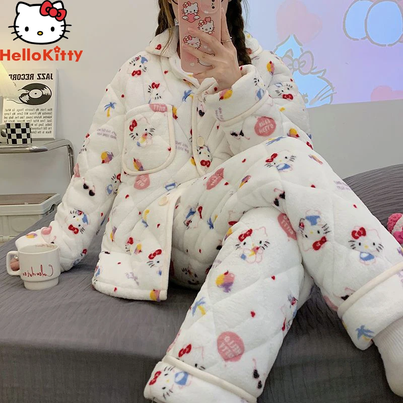 

Winter Hello Kittys Y2K Pajamas Female Sanrios Coral Fleece Fleece Thicken 3 Layers Quilted Can Be Worn Outside Tracksuit Set