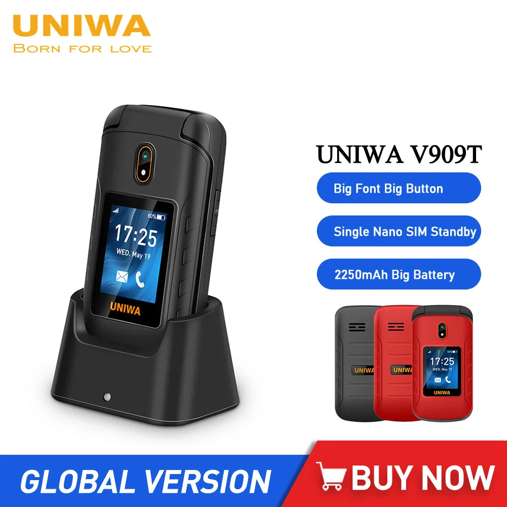 UNIWA V909T 4G Flip Phone Dual Screen Single Nano Cellphone Big Push-Button Mobile Phone for Elderly 2250mAh Russian Keyboard