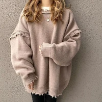 two wear womens sweater casual loose round neck single breasted cardigan pullover jacket long sleeved raw edge knitted sweater