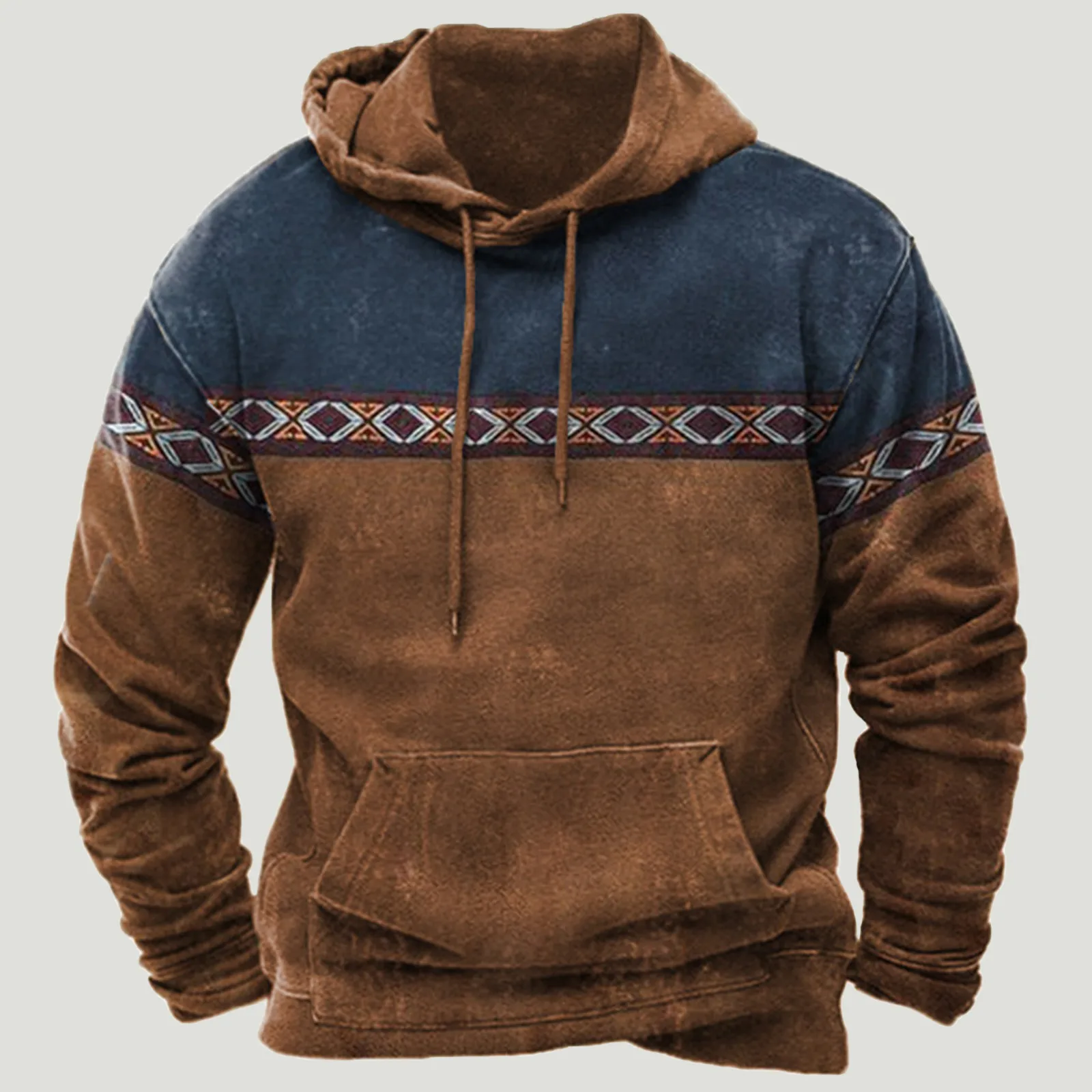 Autumn Hoodies Men Sweatshirt Colorblock Aztec Ethnic Stylish Male Clothing Long Sleeve Shirt Casual Hooded Pullover Blouse Tops