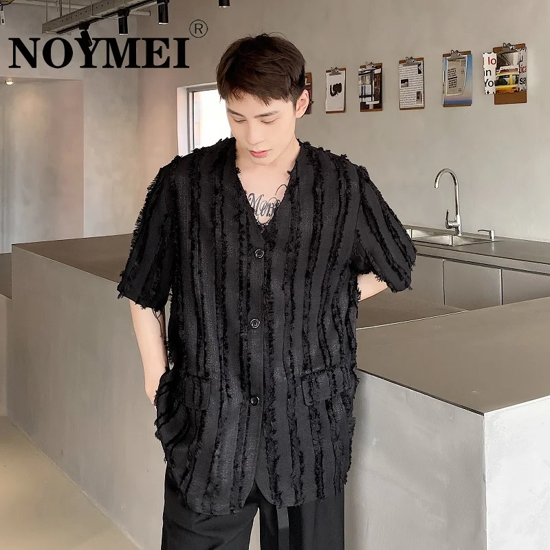 

NOYMEI Top Summer Design Cut Edge Collarless Short Sleeved Men's Shirt Dark Trend Solid Color Single Breasted Korean WA985