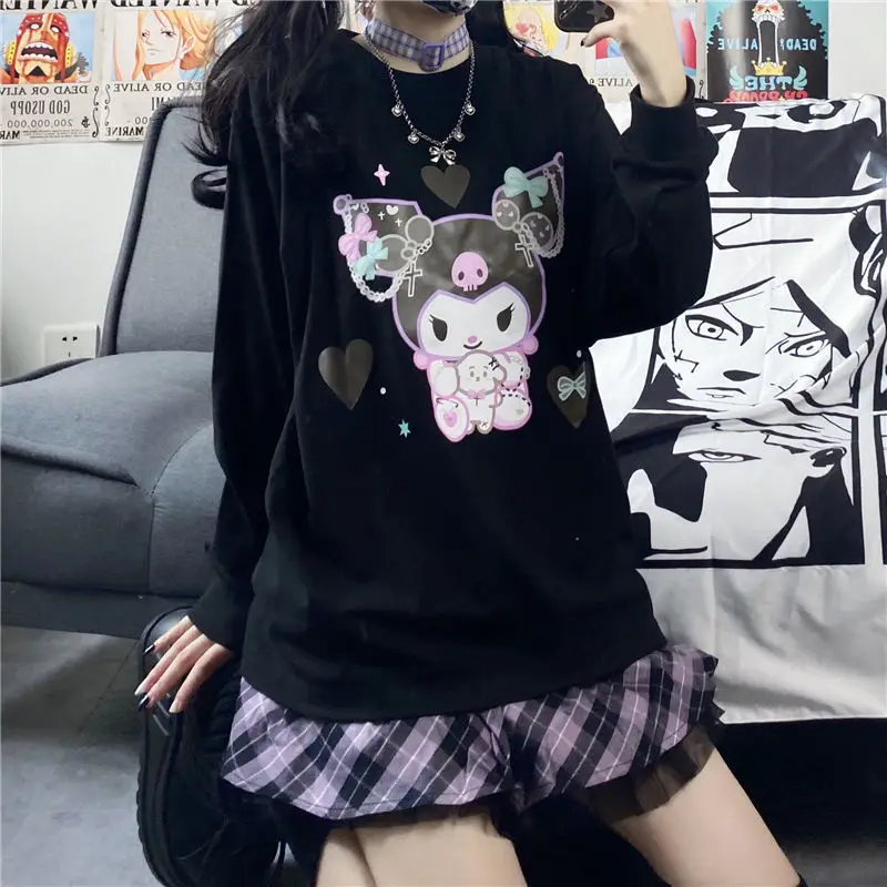 

Sanrio Kawaii Kuromi Clothes Pullover Hoodie Girl Cute Anime Long Sleeve Top Fashionable Loose Fit with Black Print of Sweater