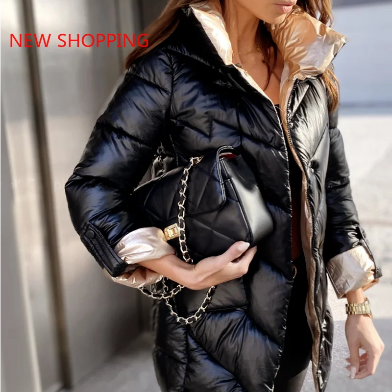 Puffer Jacket Women Oversized Winter Parka Cotton Padded Warm Coat Female Outerwear Quilted Coats Stand Collar Patchwork Jackets