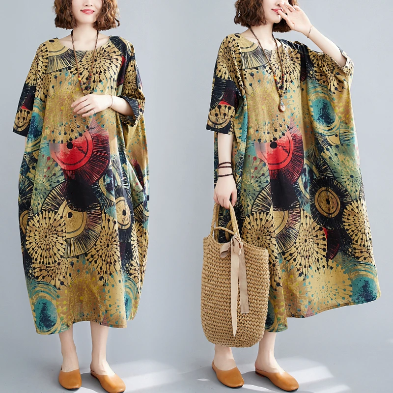 

Oversized Maxi Dress Beachwear Kaftan Cotton Linen Loose Floral Dress Comfortable O-Neck Plus Size Clothing Women Vintage Dress