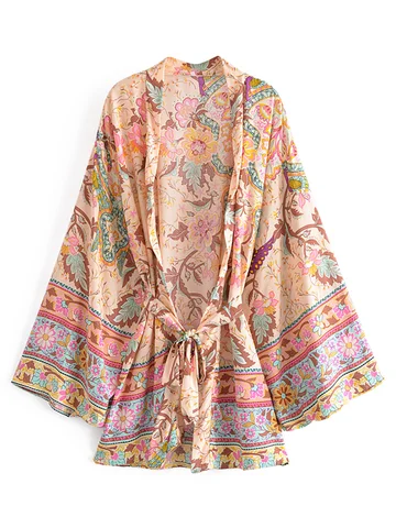 Женское богемное кимоно Happie Queen, винтажное короткое платье с цветочным принтом павлина, V-образным вырезом и рукавами «летучая мышь», бикини в стиле, бохо, накидки