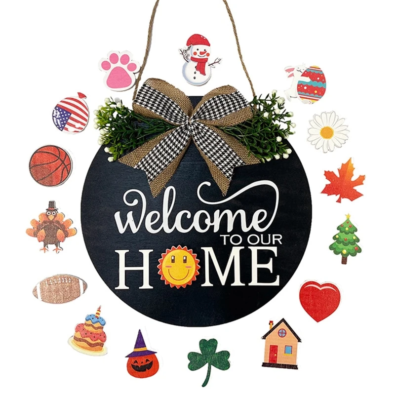 Interchangeable Welcome Home Sign Seasonal Front Porch Door Decor with 16 Changeable Seasonal Icon for Easter Halloween