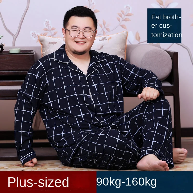 

2023 Age season fertilizer plus-size men printed cotton pajamas long-sleeved pants fat loose fat and leisurewear suit