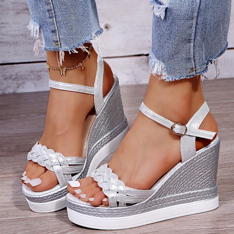 

Women Sandals Summer Fashion Pumps For Womans Party Shoes Wedges Flat Blingbling Peep-toe Fashion Solid Female Club High Heels