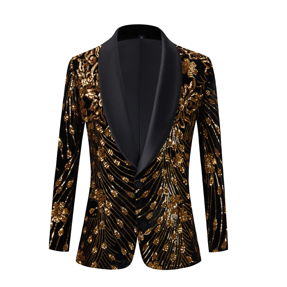 

HOO 2023 Men's Color Matching Sequined Suit Green Fruit Collar Studio Host Performance blazer