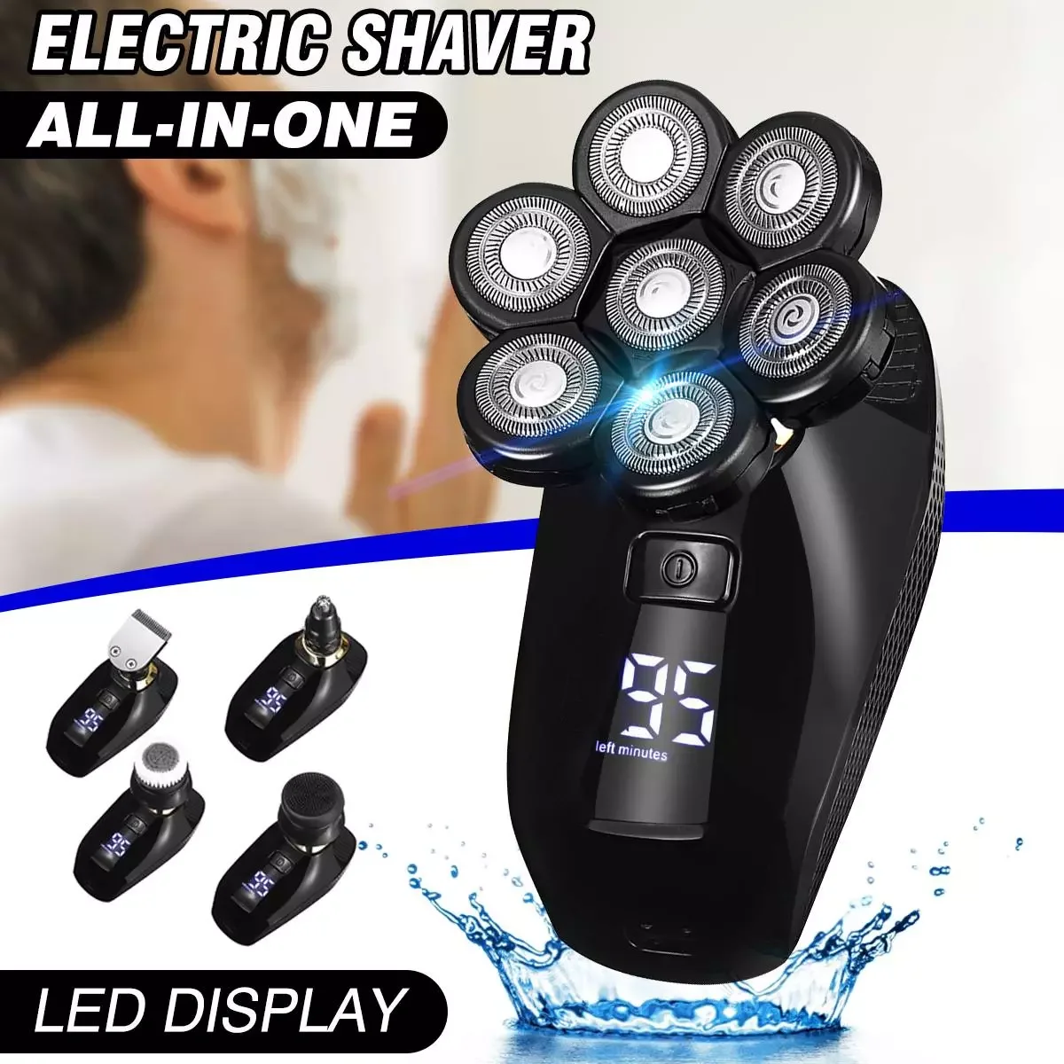 

5 In 1 7D Mens Rechargeable Bald Head Electric Shaver 7 Floating Heads Beard Nose Ear Hair Trimmer Razor Clipper Facial Brush