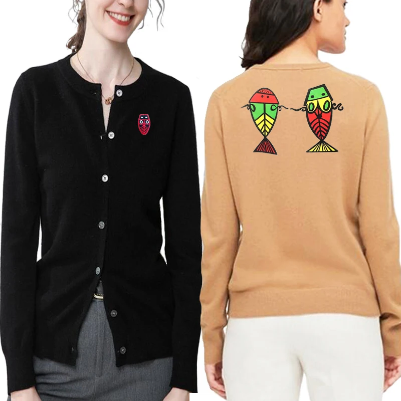 

Women Digan Color Cute Fish Face Embroidered Print Spring Cotton O-neck Single Breasted Long Sleeved Solid Color Sweater