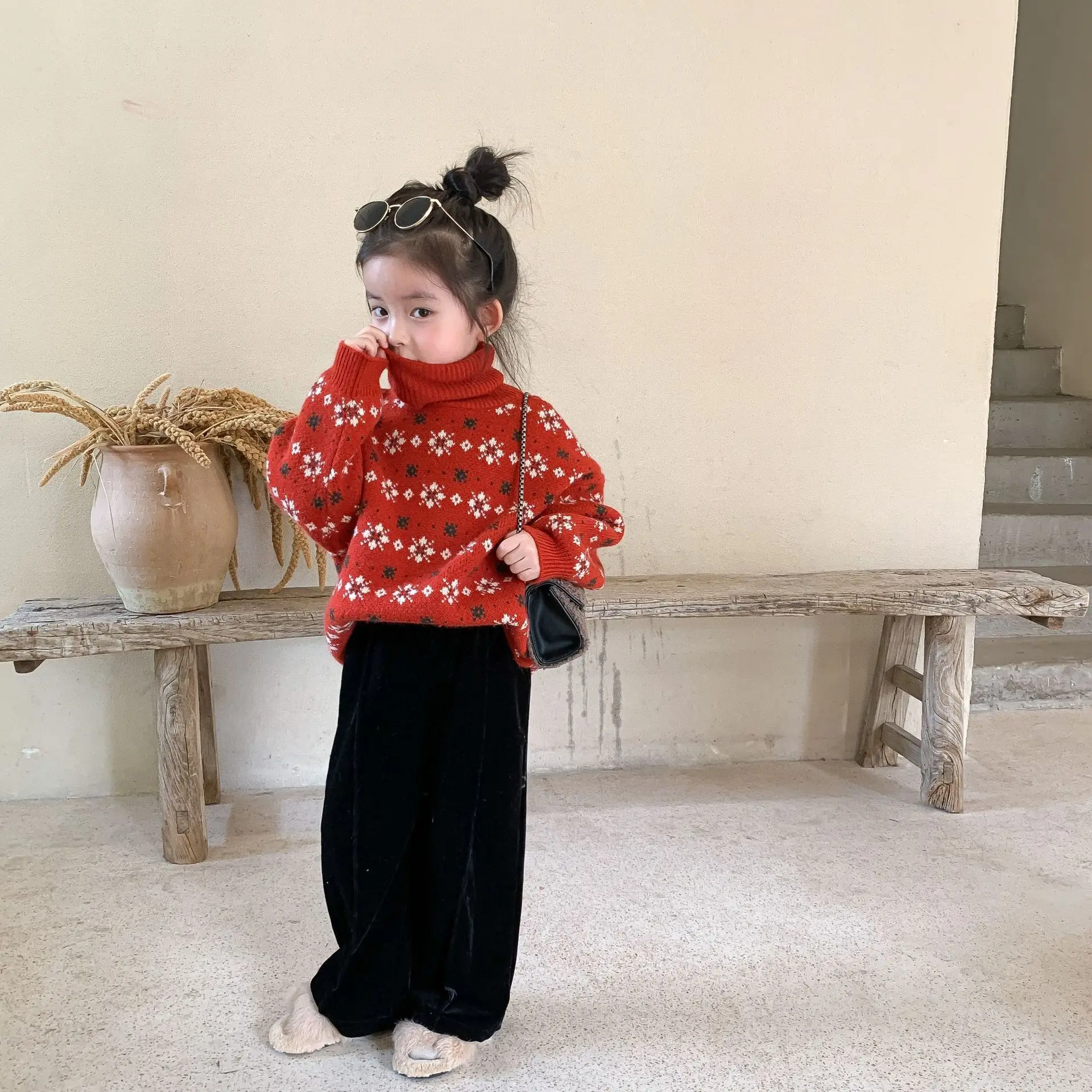 

Christmas Baby Girls Sweaters Turtleneck Pullover Winter Tops 2021 Baby Clothes With Snowflake Deer Kids Embroidery Pull Fille