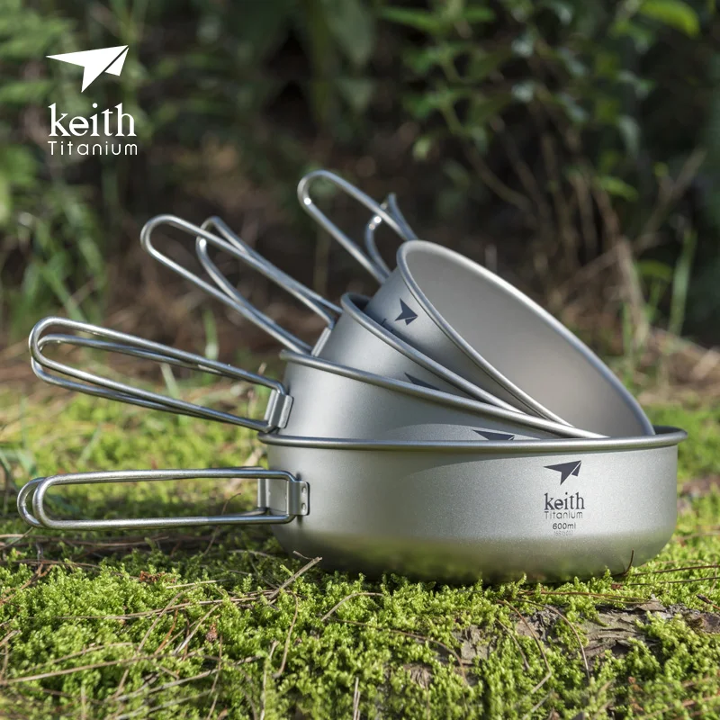 

Keith Outdoor Titanium Tableware Camping Picnic Utensils Hiking Cookware Set Bowl & Pan With Folding Handle Ti6053/Ti5323-6