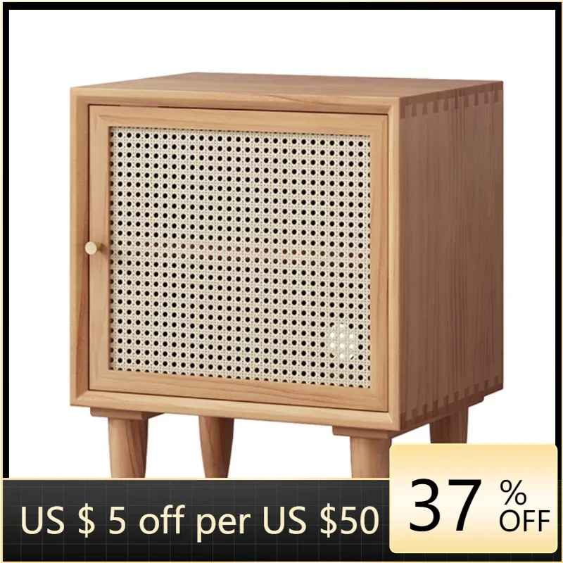 

INS Nordic Solid Wood Rattan Changhong Glass Bedside Table Nightstand Storage Cabinet Drawers For Apartment Bedroom Furniture