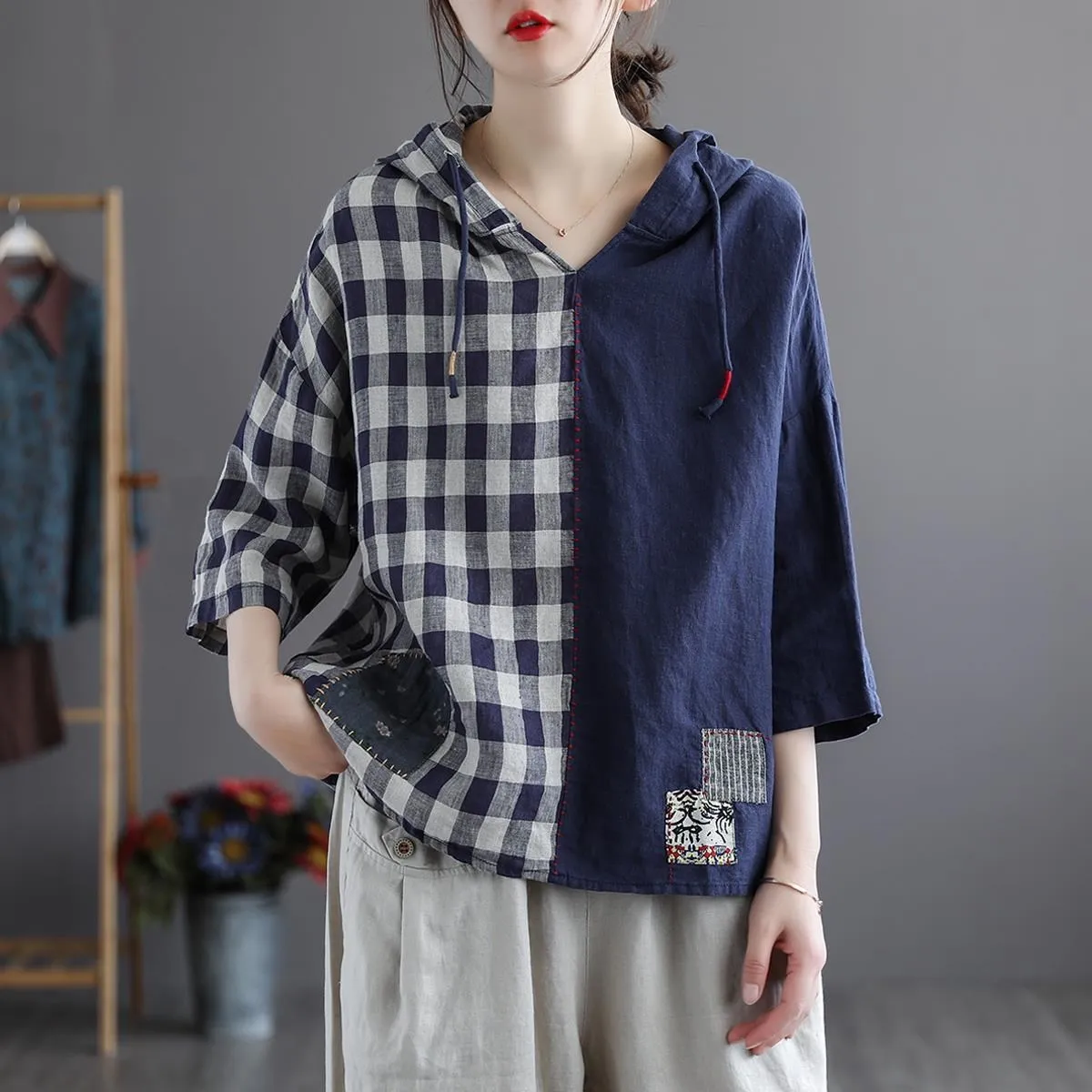 

Contrast Color Patchwork Women Hooded T-shirt Casual Loose Plaid Literary Simple Long Sleeve Fashion All-Match Cozy Female Tops