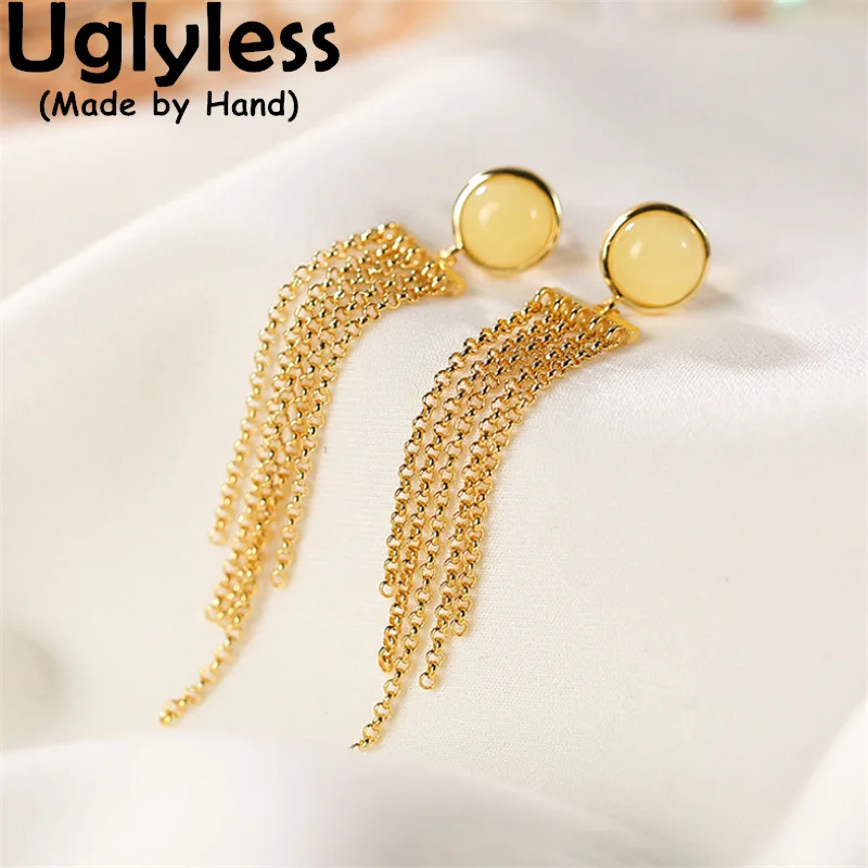 

Uglyless Female Fashion Gold Chains Tassel Earrings Women Round Square Gemstones Earrings Solid 925 Silver Summer Dress Jewelry