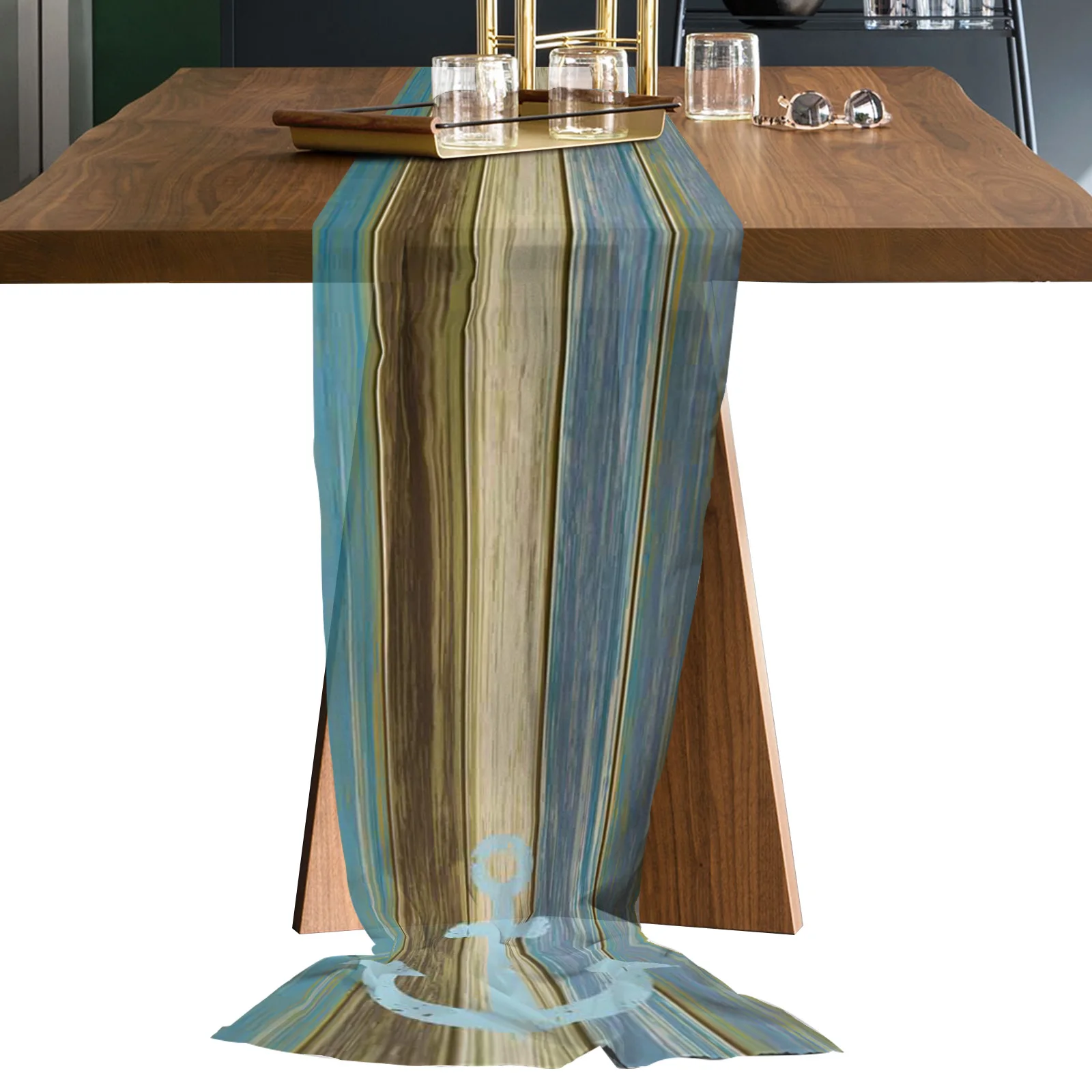 

Vintage Wood Grain Blue Anchor Sheer Chiffon Table Runners Rustic Gauze Dining Tablecloth Wedding Table Decor Gauze Table Runner