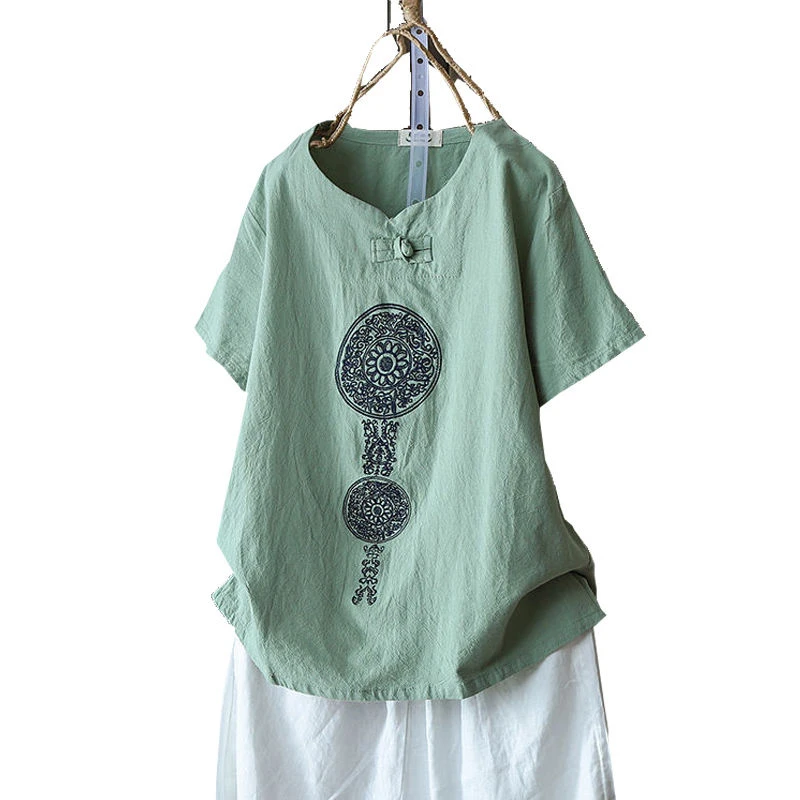 

New Arrival Summer Women Short Sleeve Loose Tshirt Vintage Button V-neck Tops Embroidery Cotton Linen Tee Shirt Plus Size D344