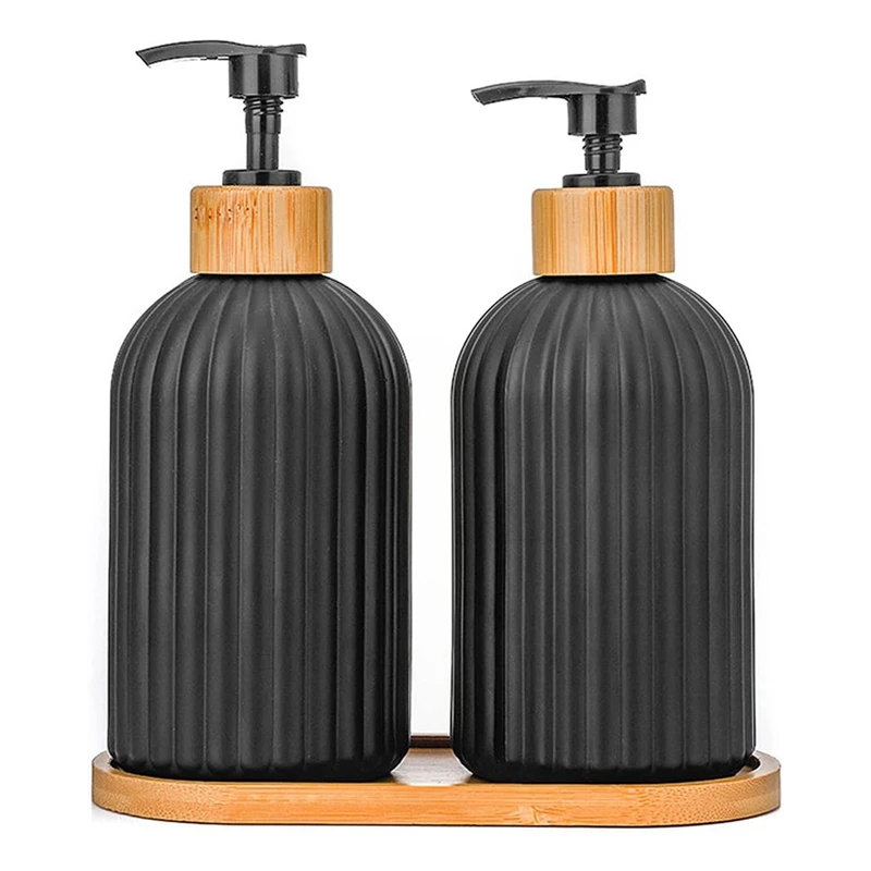 

TOP 14Oz Glass Soap Dispenser With Wooden Tray, 2 PCS Hand And Dish Soap Dispenser Set, Kitchen Bathroom Farmhouse Decor
