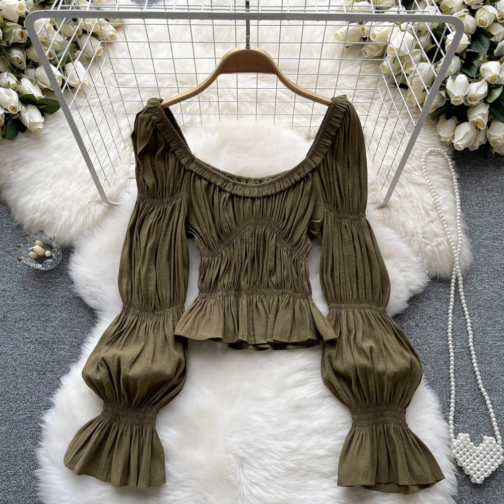 

Autumn French Design Niche Pleated Bell-sleeve Shirt Slim Cropped Top