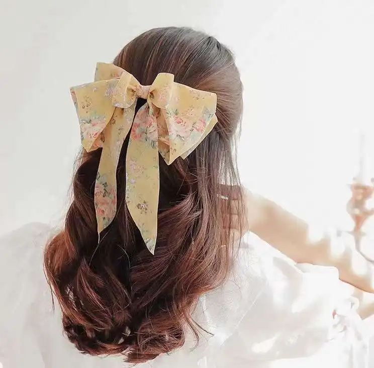 

New Korean Print Bowknot Barrettes Pring Chiffon Ribbon Silk Hair Clip Princess Headwear Accessories Streamer Riband Hairpin