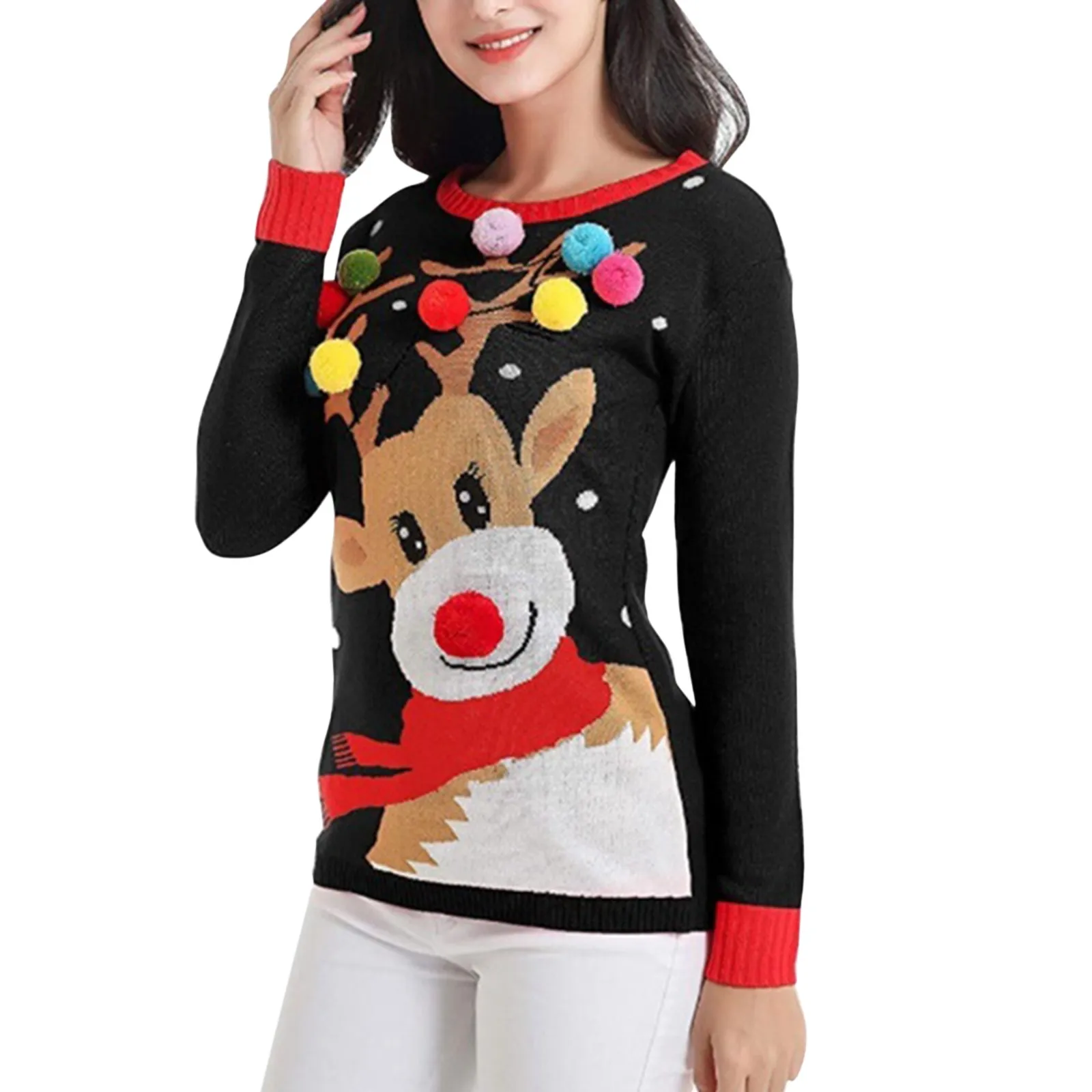 

Red Sweater For Women Autumn And Winter Round Neck Long Sleeve Slim Fit Christmas Pattern Knitted Pullover Tops Female Clothing