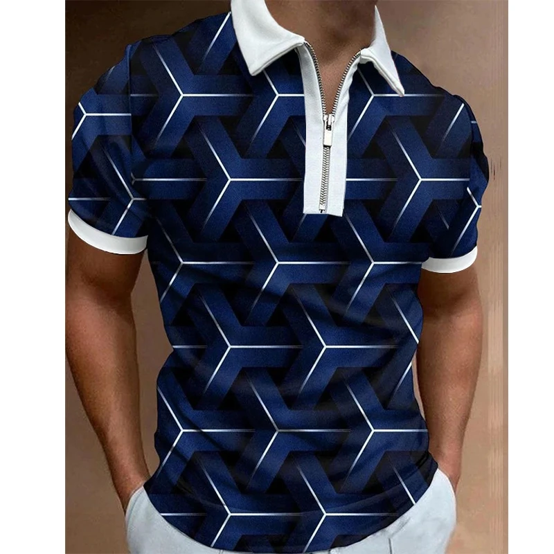 

Luxury Men's Clothing Polo Shirts Casual Turn-Down Collar Zipper Golf Travel Rrhombus Print Short Sleeve Tee Shirt Men Polo Tops