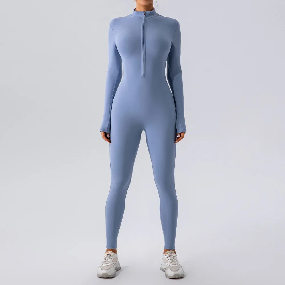 Zipper nude long-sleeved yoga onesie women's sports fitness