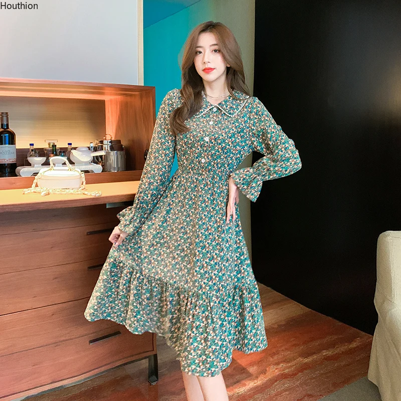 

Summer Autumn New Women's Dresses Doll Collar Long Sleeve Corduroy Printing Fashion Loose Girl