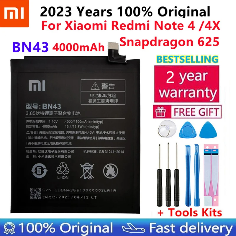 

100% Orginal BN43 Battery 4000mAh For Xiaomi Redmi Note 4X / Note 4 global Snapdragon 625 High Quality BN43 +Free Tools