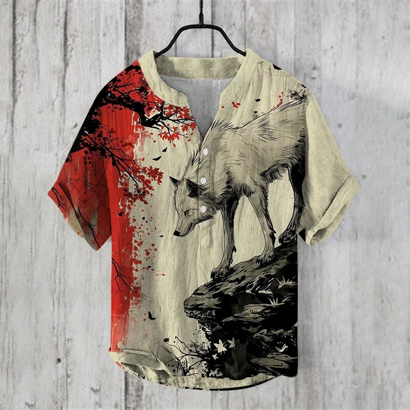 Рубашка мужская с V-образным вырезом модная блуза в стиле ретро принтом волка
