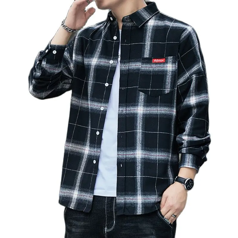 Brand 2022 Spring Autumn Long Sleeves New Flannel Collar Korea Style Green Red Shirt For Men's Plaid Harajuku Clothing