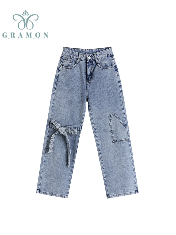 

2022 New Summer Vintage Jeans Woman High Waist Baggy Bownot Design Loose Casual Streetwear Fashion Harajuku Denim Wide Leg Pants