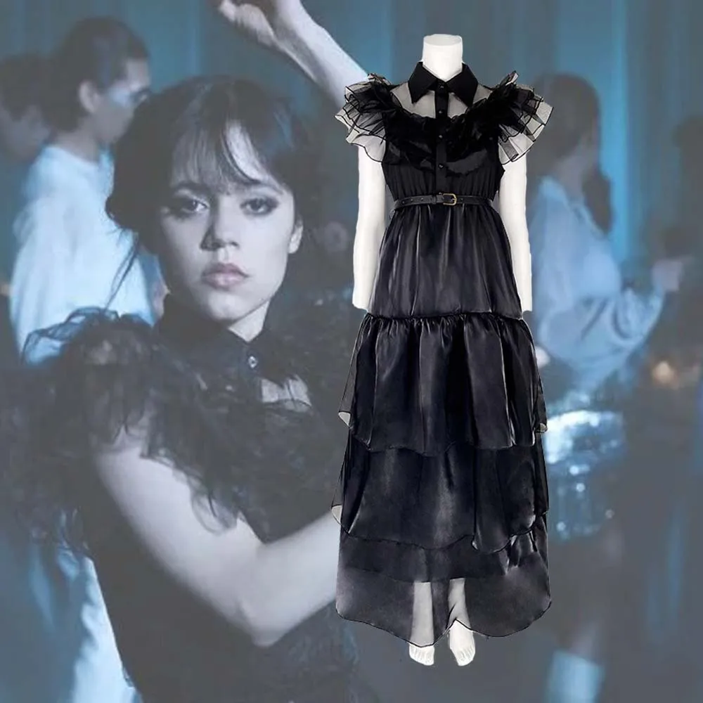 

Wednesday Addams Cosplay Costume Black Dress for Girls and Women Halloween Clothes