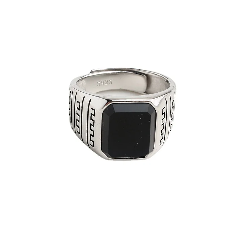 Real s925 silver inlaid black agate men's open ring, stylish and atmospheric ring