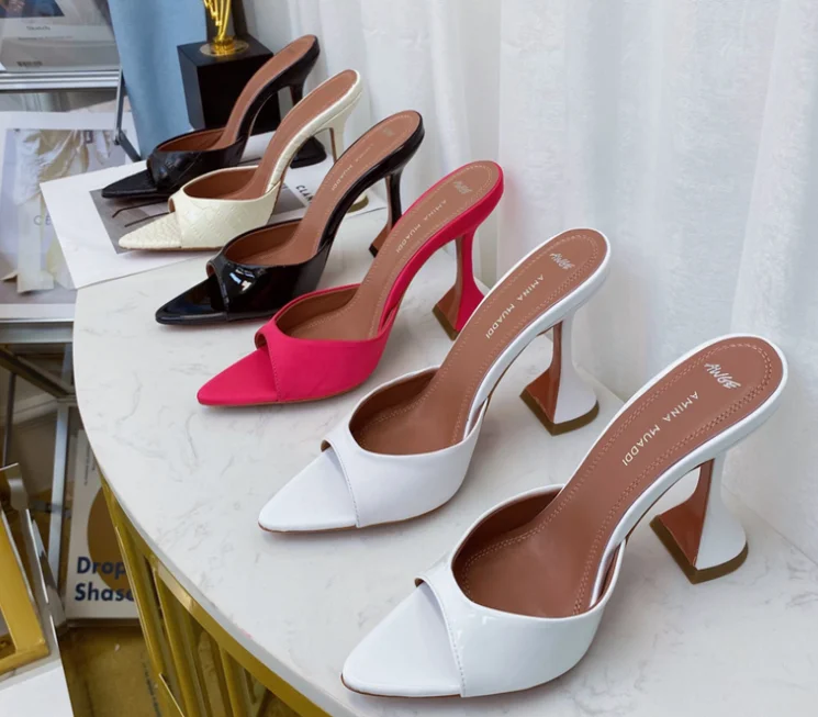 

White Lupita Nappa leather slip-on heeled sandals Open square toe Covered modified stiletto heel AMINA MUADDI women fashion heel