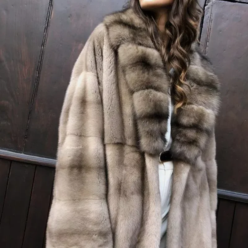 Luxury Vintage Real Natural Mink Fur Coat For Women Winter Fashion Long Warm Mink Fur Jacket High-end Overcoat Female Thicken